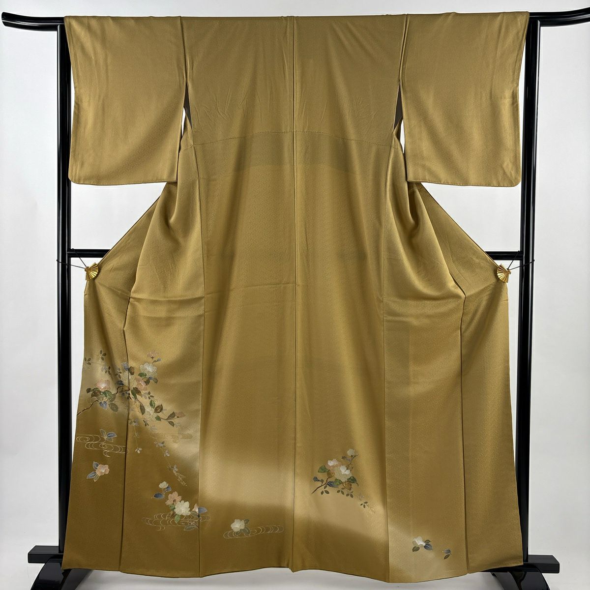 付下 身長162cm 袖長64cm M 雙層 椿 観世水 螺鈿 金銀彩 淡黃土 純蠶絲 優品級