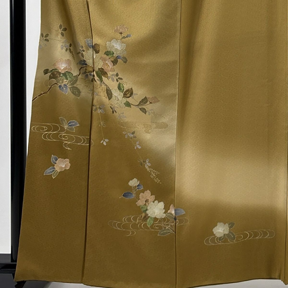 付下 身長162cm 袖長64cm M 雙層 椿 観世水 螺鈿 金銀彩 淡黃土 純蠶絲 優品級