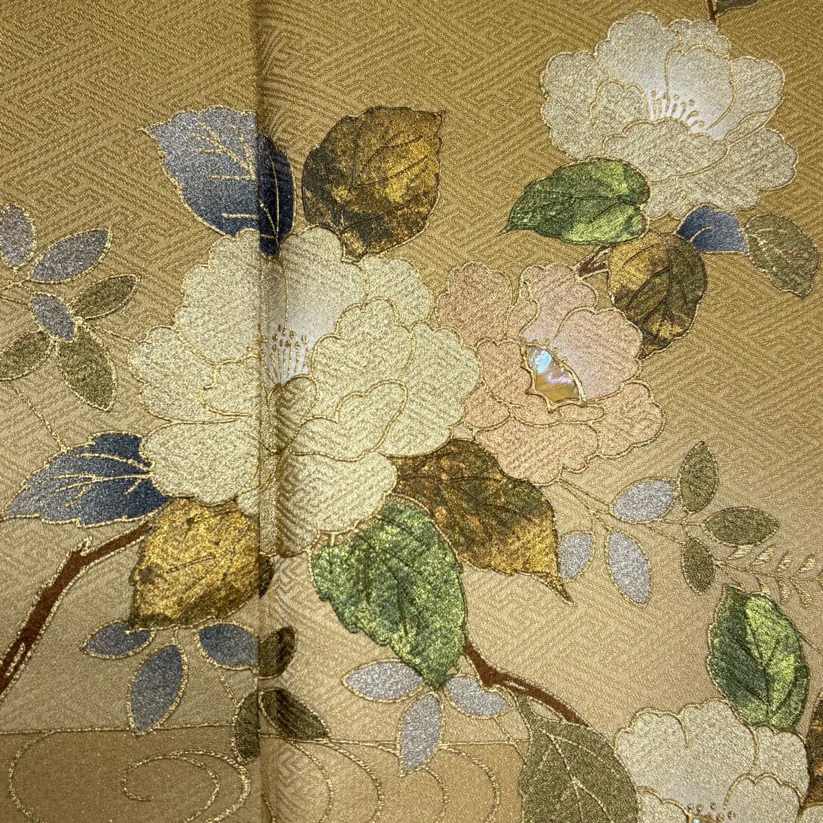 付下 身長162cm 袖長64cm M 雙層 椿 観世水 螺鈿 金銀彩 淡黃土 純蠶絲 優品級