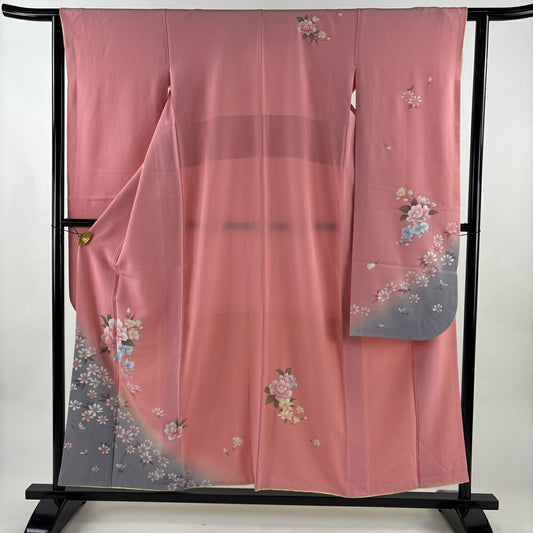 振袖禮服 身長154.5cm 袖長61.5cm S 雙層 草花紋紋 染分 金銀彩 粉色 純蠶絲 優品級
