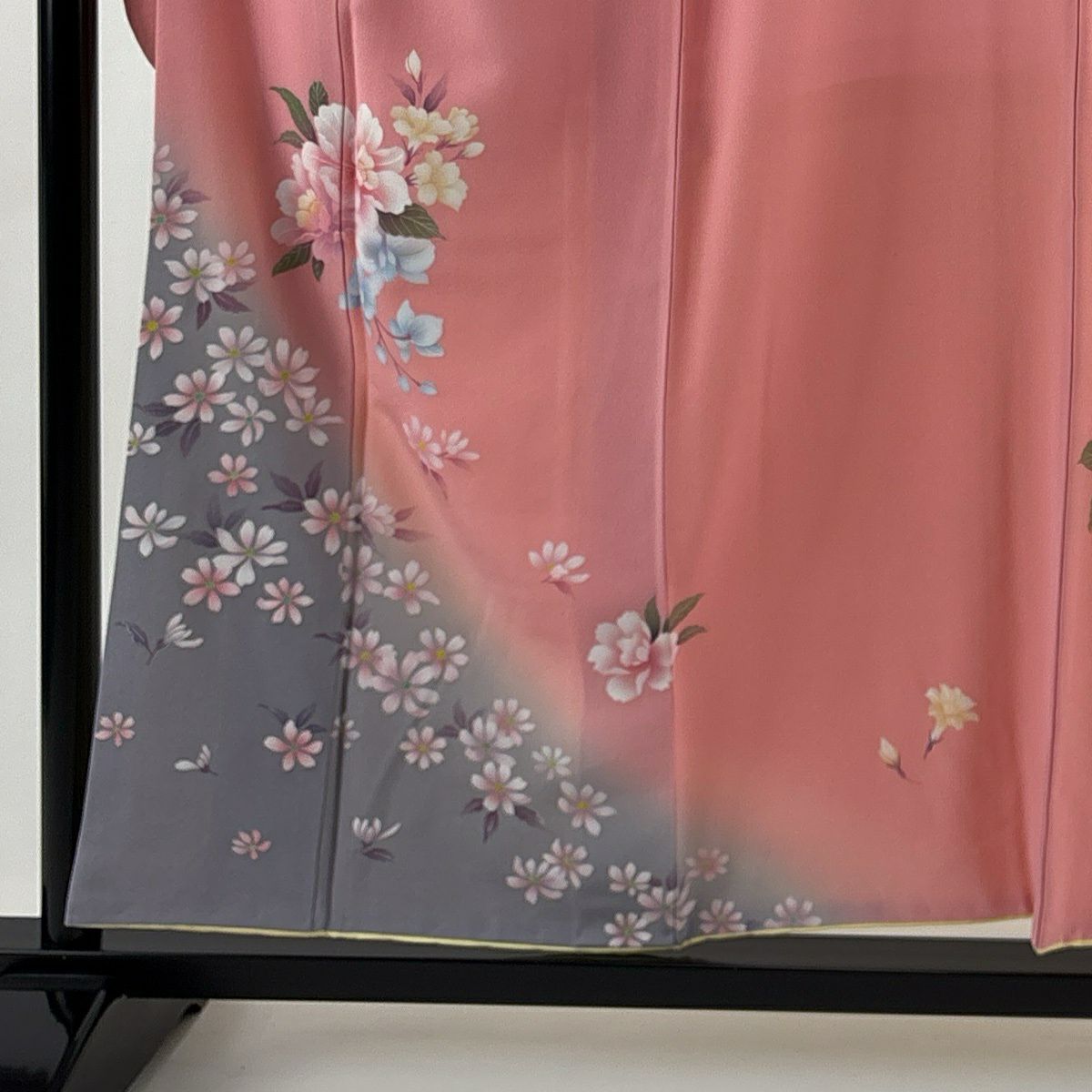 振袖禮服 身長154.5cm 袖長61.5cm S 雙層 草花紋紋 染分 金銀彩 粉色 純蠶絲 優品級