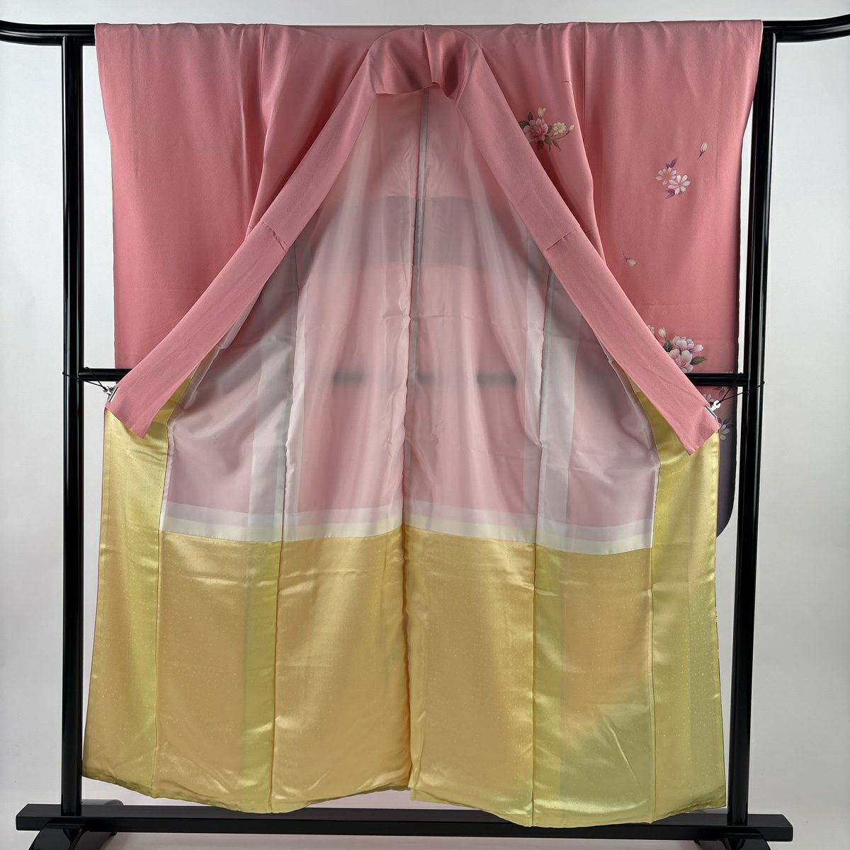 振袖禮服 身長154.5cm 袖長61.5cm S 雙層 草花紋紋 染分 金銀彩 粉色 純蠶絲 優品級