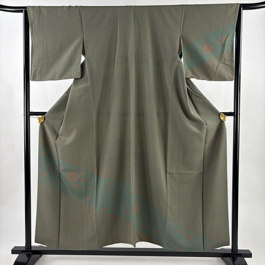 【美品】 付下 身長155.5cm 袖長63cm S 雙層 斜格子 梅花 灰綠 純蠶絲 優品級