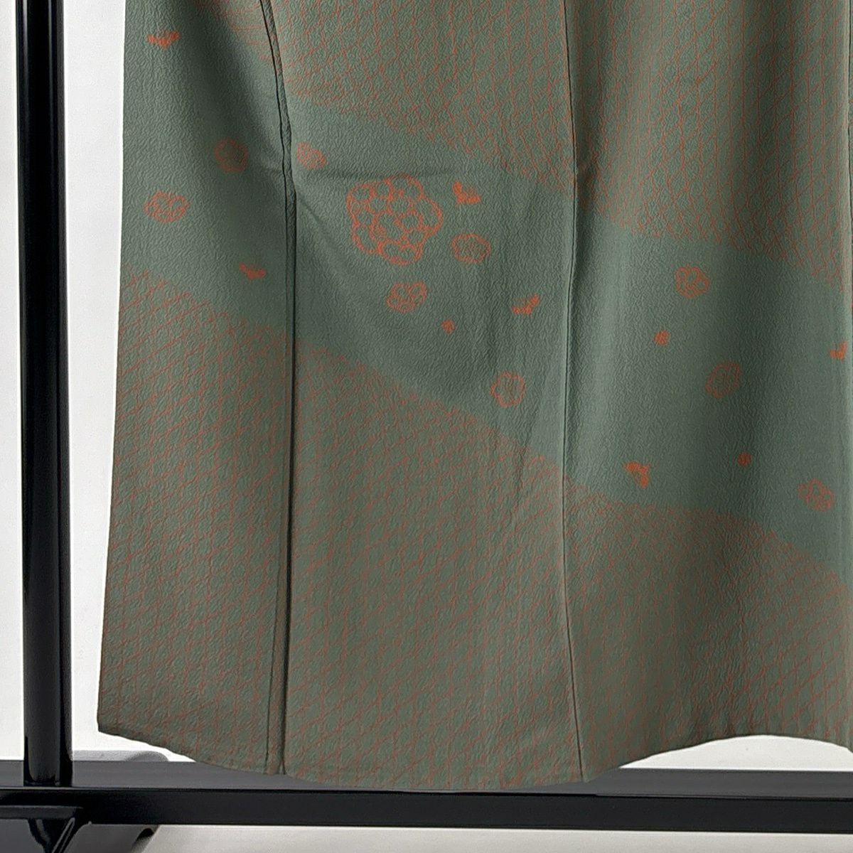 【美品】 付下 身長155.5cm 袖長63cm S 雙層 斜格子 梅花 灰綠 純蠶絲 優品級
