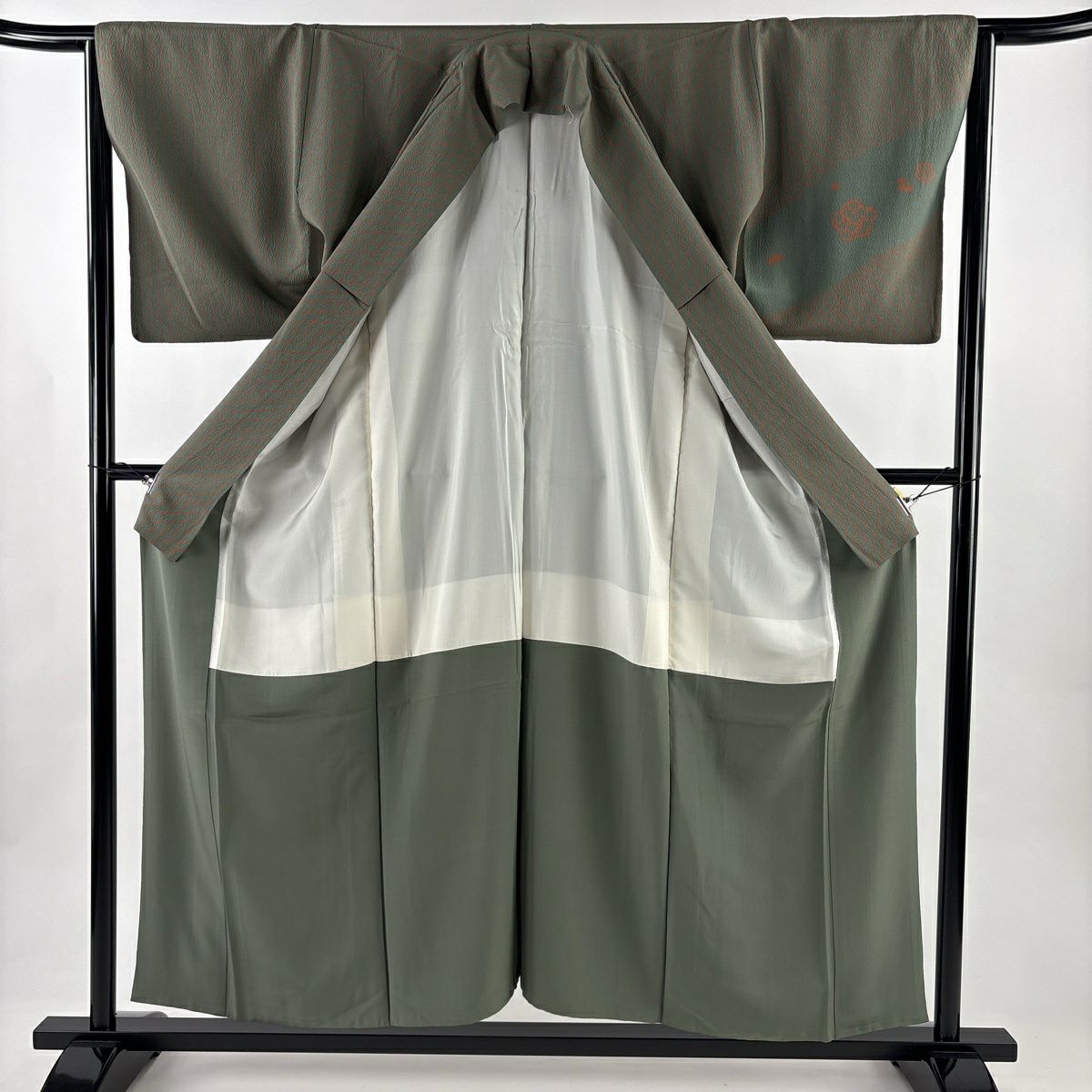 【美品】 付下 身長155.5cm 袖長63cm S 雙層 斜格子 梅花 灰綠 純蠶絲 優品級