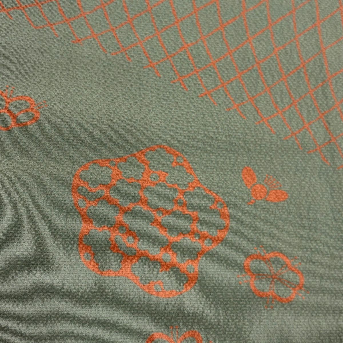 【美品】 付下 身長155.5cm 袖長63cm S 雙層 斜格子 梅花 灰綠 純蠶絲 優品級
