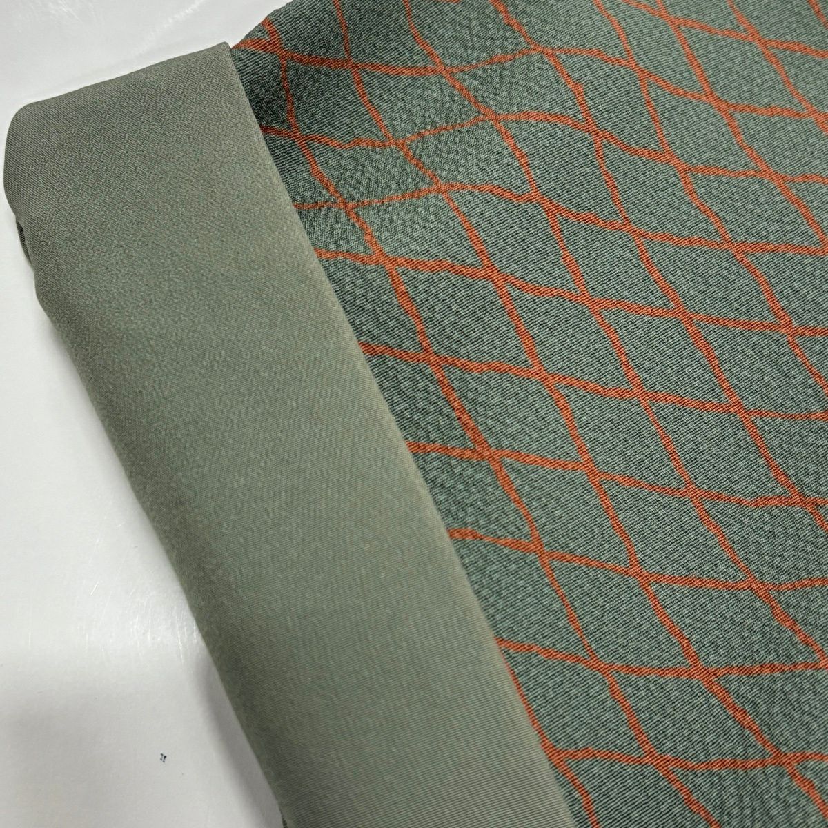 【美品】 付下 身長155.5cm 袖長63cm S 雙層 斜格子 梅花 灰綠 純蠶絲 優品級