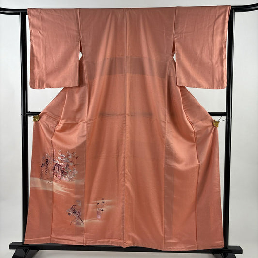 【美品】 付下 身長159cm 袖長62.5cm S 雙層 御所車 草花紋刺繡 銀線 粉紅 純蠶絲 優品級