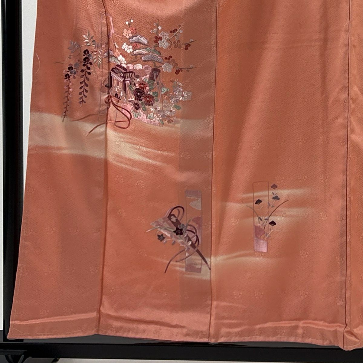 【美品】 付下 身長159cm 袖長62.5cm S 雙層 御所車 草花紋刺繡 銀線 粉紅 純蠶絲 優品級