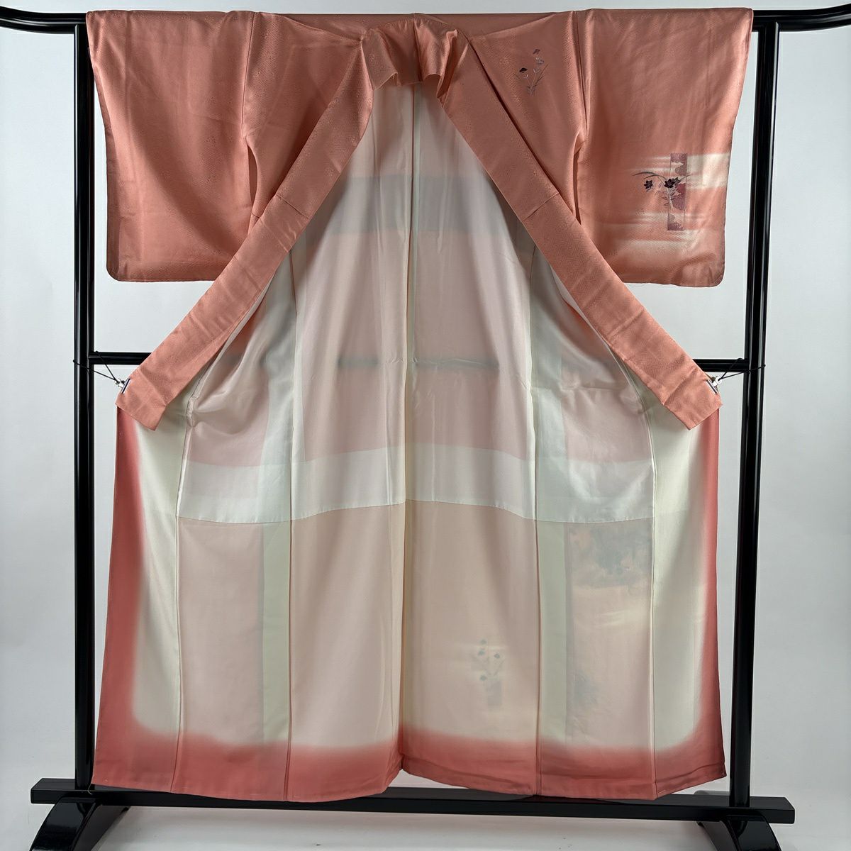 【美品】 付下 身長159cm 袖長62.5cm S 雙層 御所車 草花紋刺繡 銀線 粉紅 純蠶絲 優品級