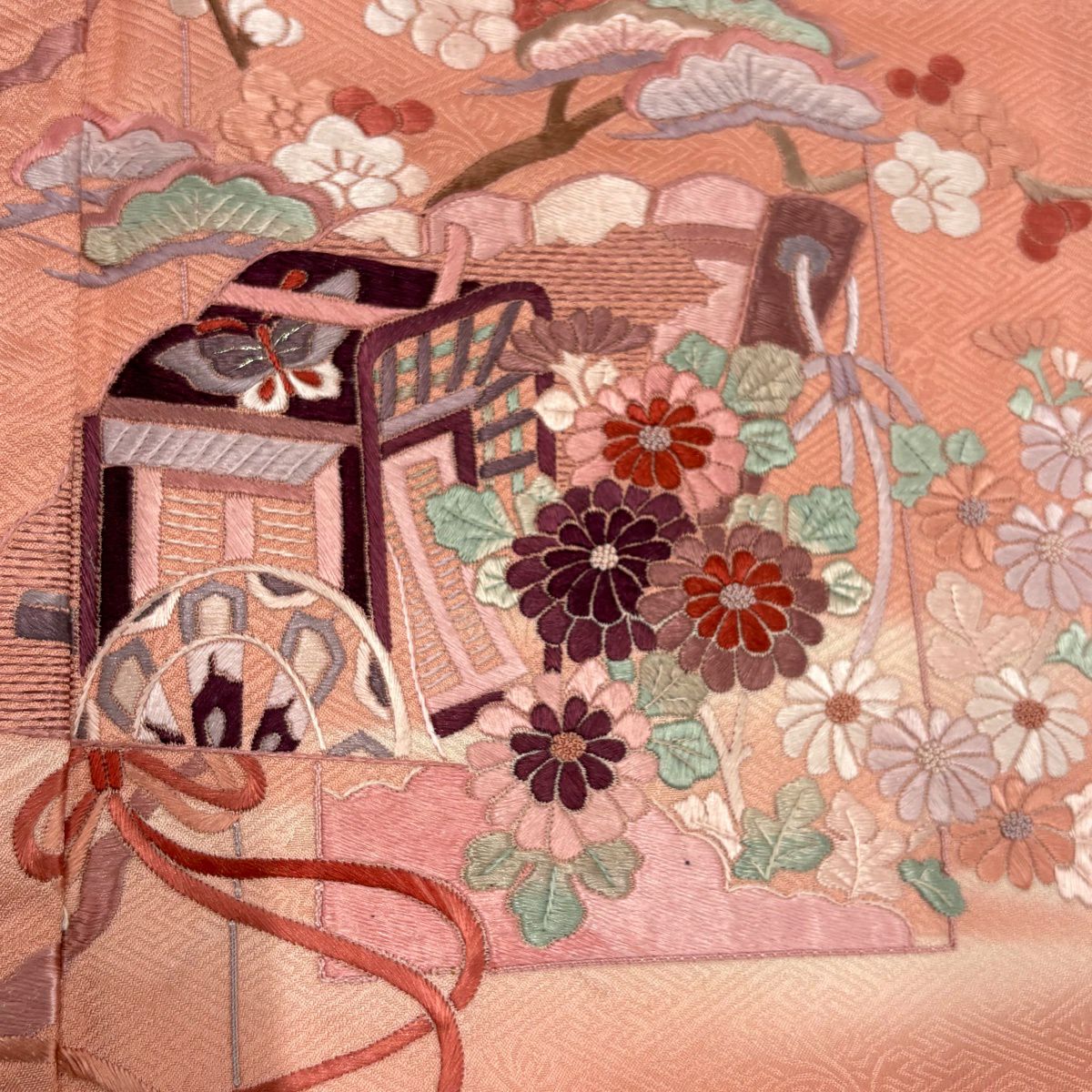 【美品】 付下 身長159cm 袖長62.5cm S 雙層 御所車 草花紋刺繡 銀線 粉紅 純蠶絲 優品級