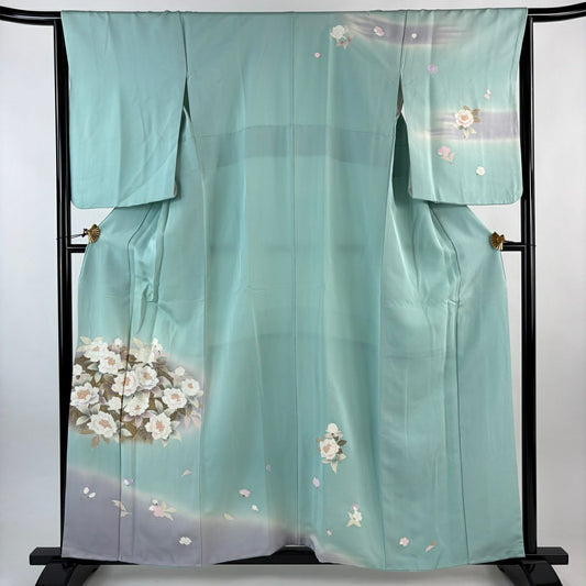 訪問服 身長158cm 袖長65cm M 雙層 草花紋紋 金彩裝飾 漸層 灰綠 純蠶絲 優品級