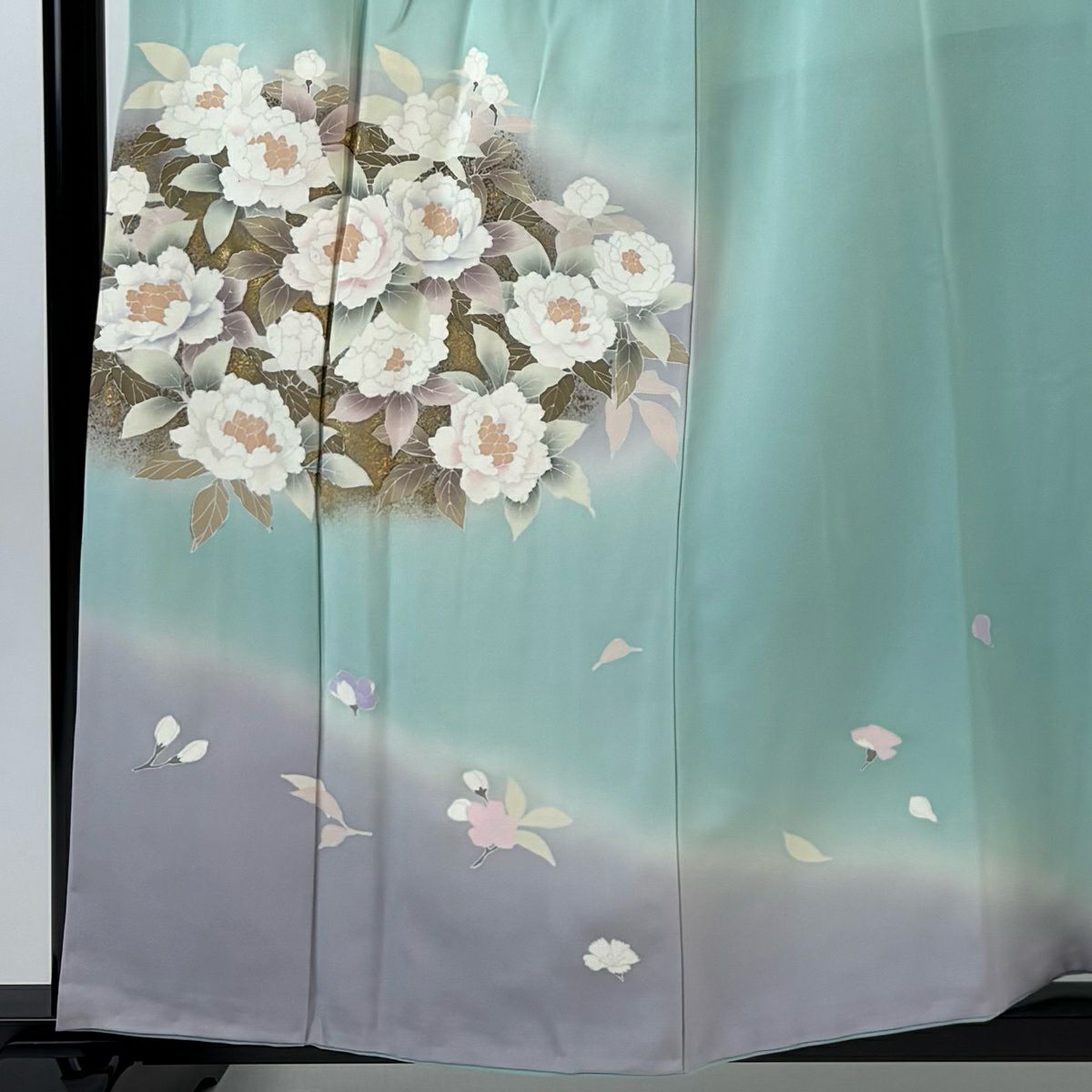 訪問服 身長158cm 袖長65cm M 雙層 草花紋紋 金彩裝飾 漸層 灰綠 純蠶絲 優品級