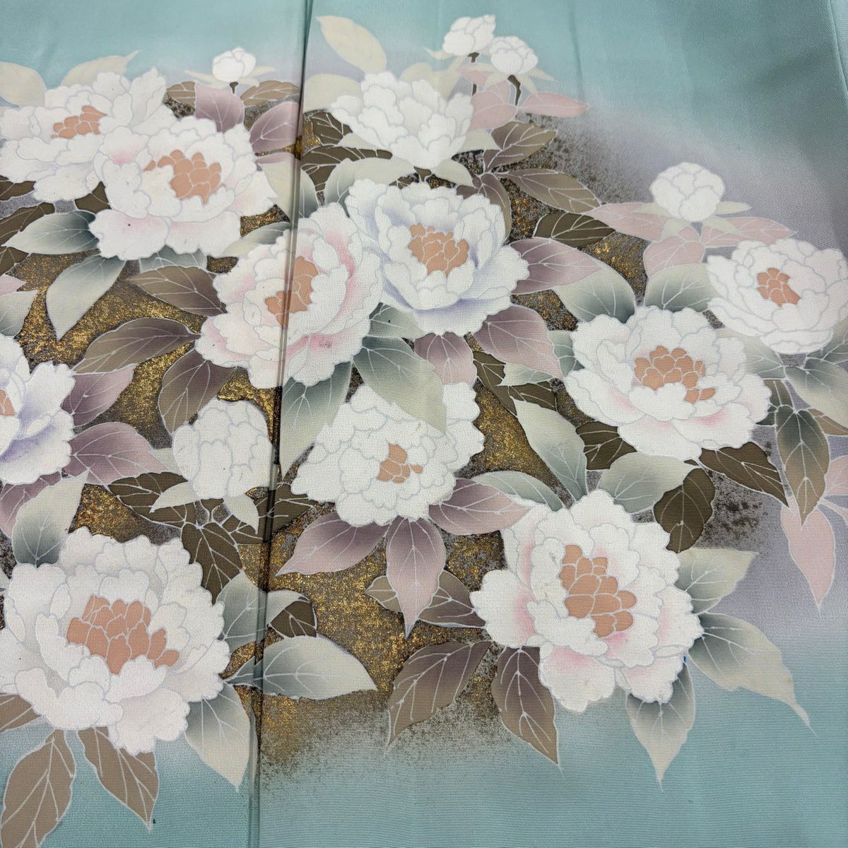 訪問服 身長158cm 袖長65cm M 雙層 草花紋紋 金彩裝飾 漸層 灰綠 純蠶絲 優品級