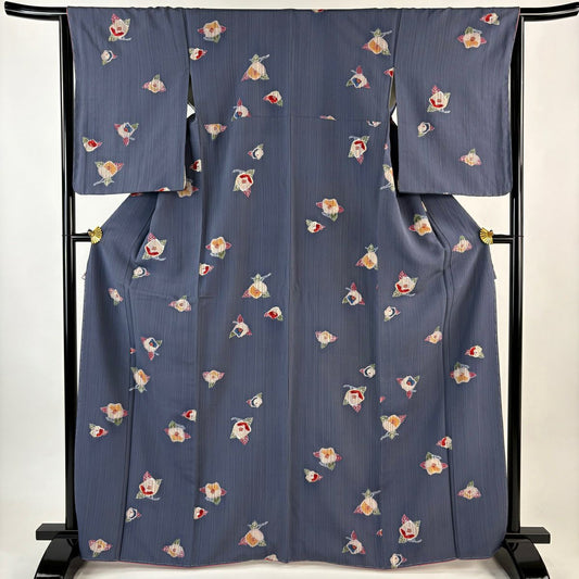 小紋 身長166.5cm 袖長64.5cm M 雙層 椿 青灰 純蠶絲 秀品級