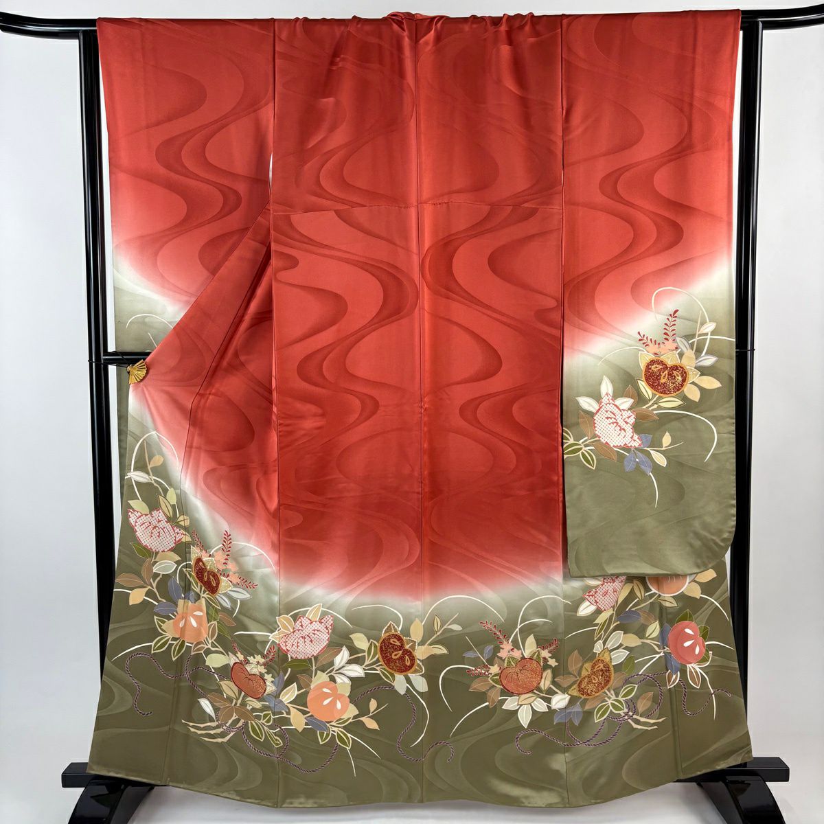 【美品】振袖禮服 身長161.5cm 袖長66cm M 雙層 橘色 紐 金銀彩 漸層 朱紅色 純蠶絲 優品級