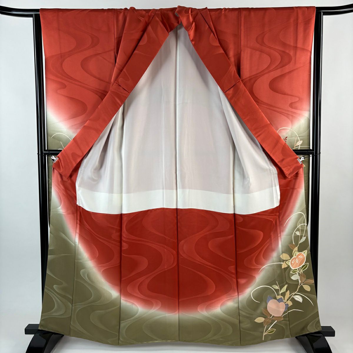 【美品】振袖禮服 身長161.5cm 袖長66cm M 雙層 橘色 紐 金銀彩 漸層 朱紅色 純蠶絲 優品級