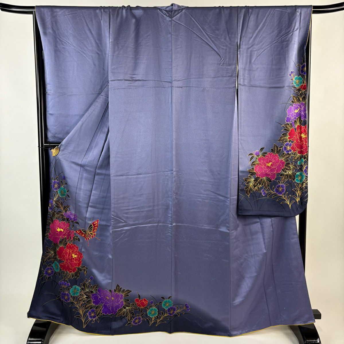 振袖禮服 身長164cm 袖長66.5cm M 雙層 蝴蝶 草花紋紋 金銀彩 金通 紫 純蠶絲 優品級