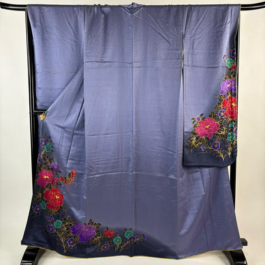 振袖禮服 身長164cm 袖長66.5cm M 雙層 蝴蝶 草花紋紋 金銀彩 金通 紫 純蠶絲 優品級
