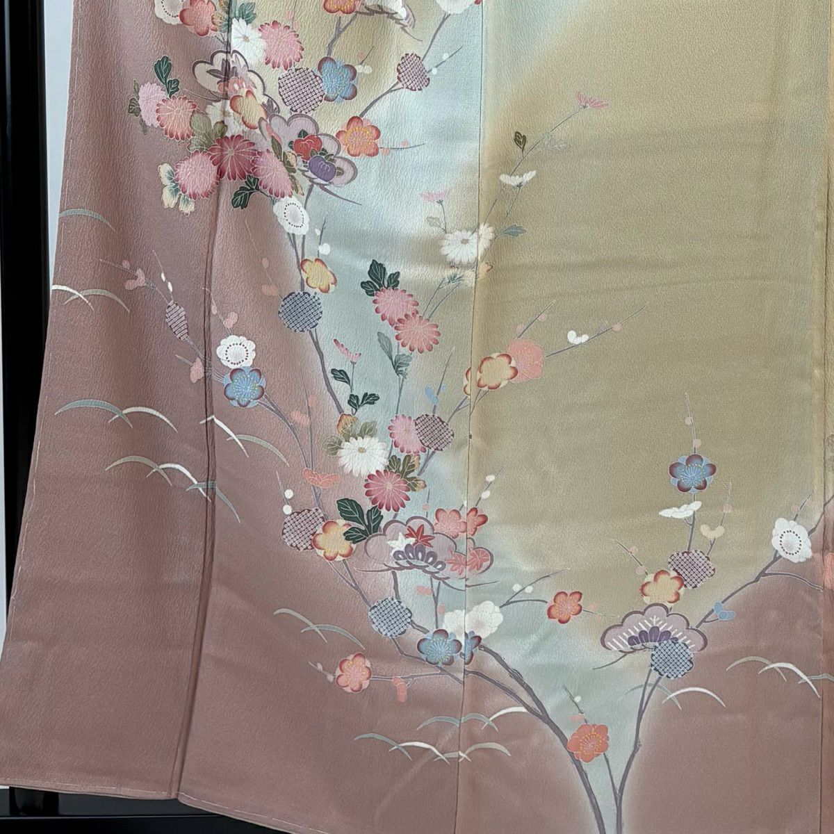 【美品】訪問服 身長159cm 袖長65cm M 雙層 菊花 松樹 辨染 米色 純蠶絲 優品級