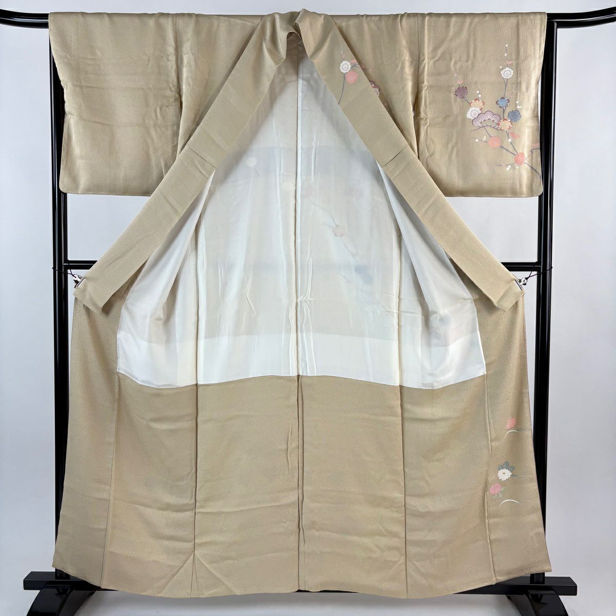 【美品】訪問服 身長159cm 袖長65cm M 雙層 菊花 松樹 辨染 米色 純蠶絲 優品級