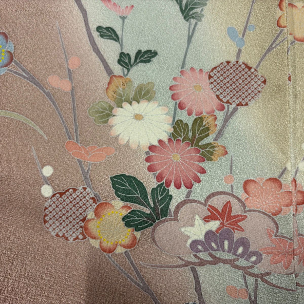 【美品】訪問服 身長159cm 袖長65cm M 雙層 菊花 松樹 辨染 米色 純蠶絲 優品級