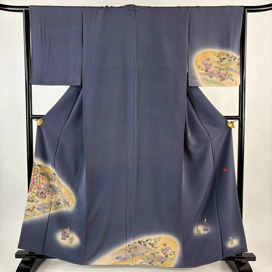 付下 身長161.5cm 袖長65cm M 雙層 落款 人物 幾帳 金銀彩 漸層 深藍 純蠶絲 優秀品級