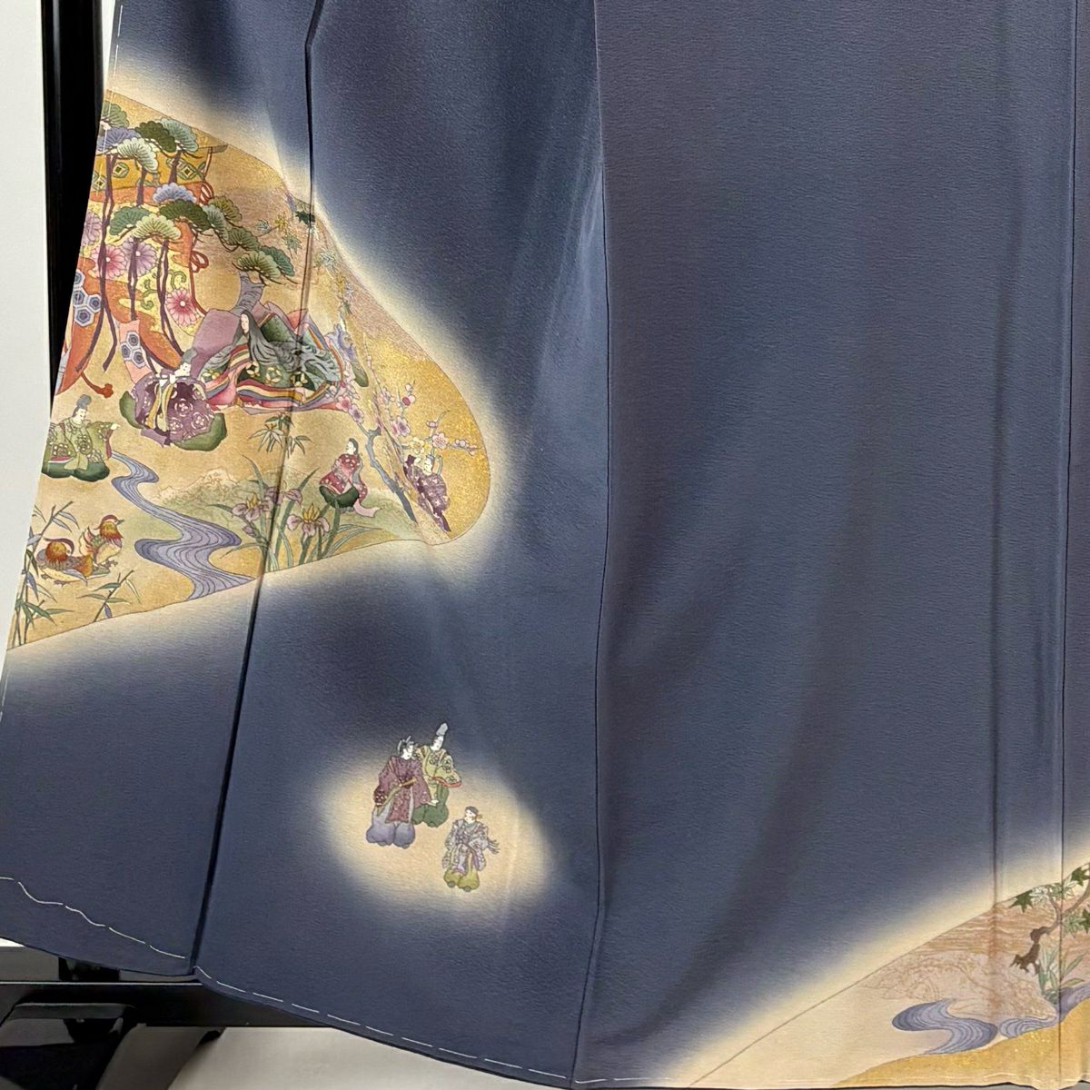 付下 身長161.5cm 袖長65cm M 雙層 落款 人物 幾帳 金銀彩 漸層 深藍 純蠶絲 優秀品級