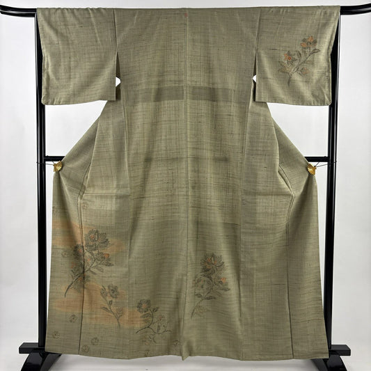 【美品】 付下 身長162cm 袖長65.5cm M 雙層 紬織織 枝花 霞 綠 純蠶絲 秀品級 一個紋