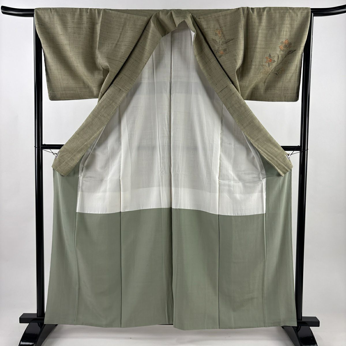 【美品】 付下 身長162cm 袖長65.5cm M 雙層 紬織織 枝花 霞 綠 純蠶絲 秀品級 一個紋