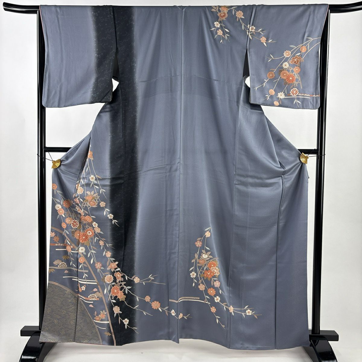 訪問服 身長164.5cm 袖長64cm M 雙層 菊花 光悅垣 金銀彩 染分 灰色 純蠶絲 秀品級