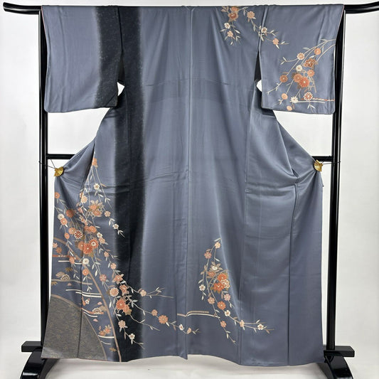 訪問服 身長164.5cm 袖長64cm M 雙層 菊花 光悅垣 金銀彩 染分 灰色 純蠶絲 秀品級