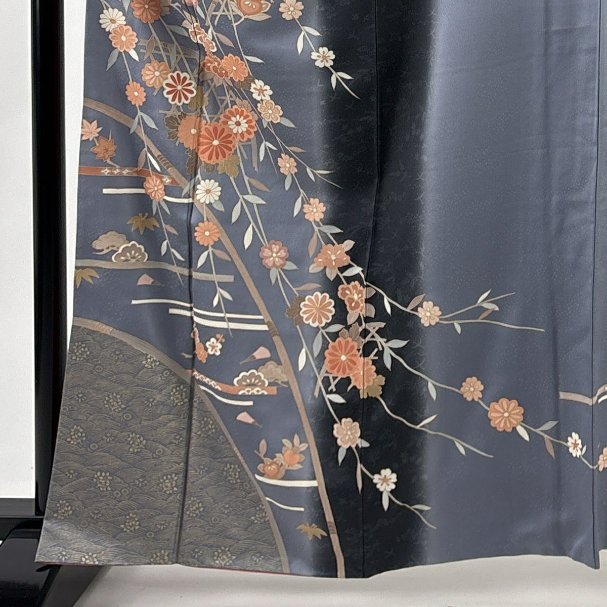 訪問服 身長164.5cm 袖長64cm M 雙層 菊花 光悅垣 金銀彩 染分 灰色 純蠶絲 秀品級