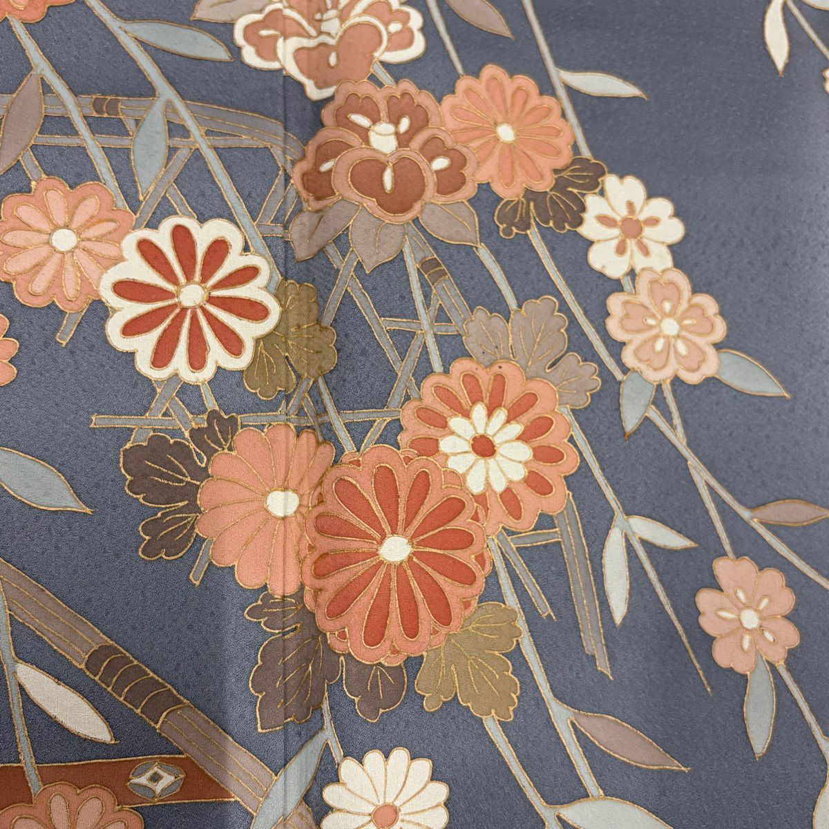 訪問服 身長164.5cm 袖長64cm M 雙層 菊花 光悅垣 金銀彩 染分 灰色 純蠶絲 秀品級