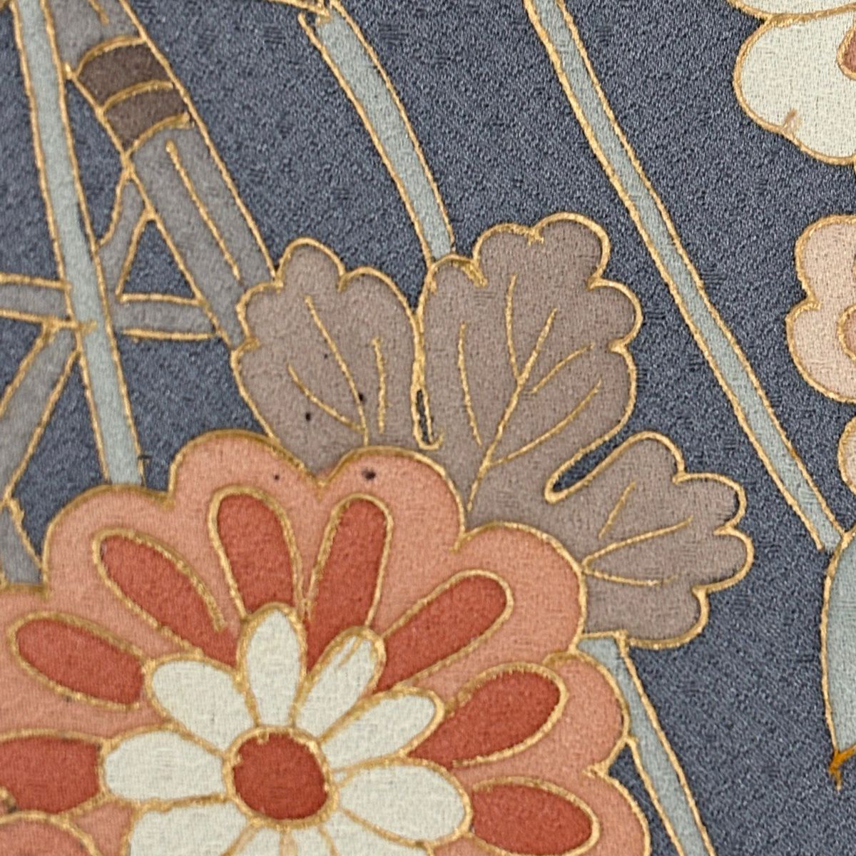 訪問服 身長164.5cm 袖長64cm M 雙層 菊花 光悅垣 金銀彩 染分 灰色 純蠶絲 秀品級