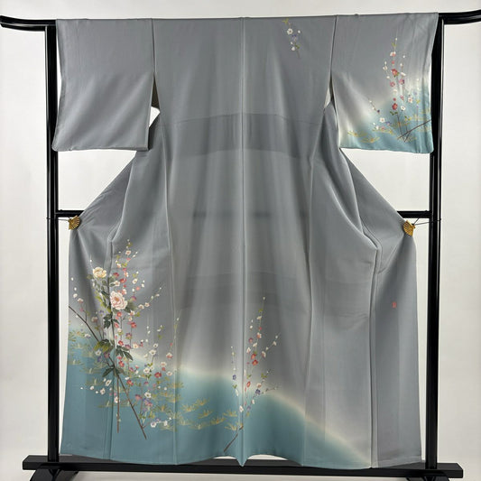 訪問服 身長158cm 袖長63.5cm S 雙層 落款有 枝花 若松樹 染分 ぼかし 灰色 純蠶絲 優品級