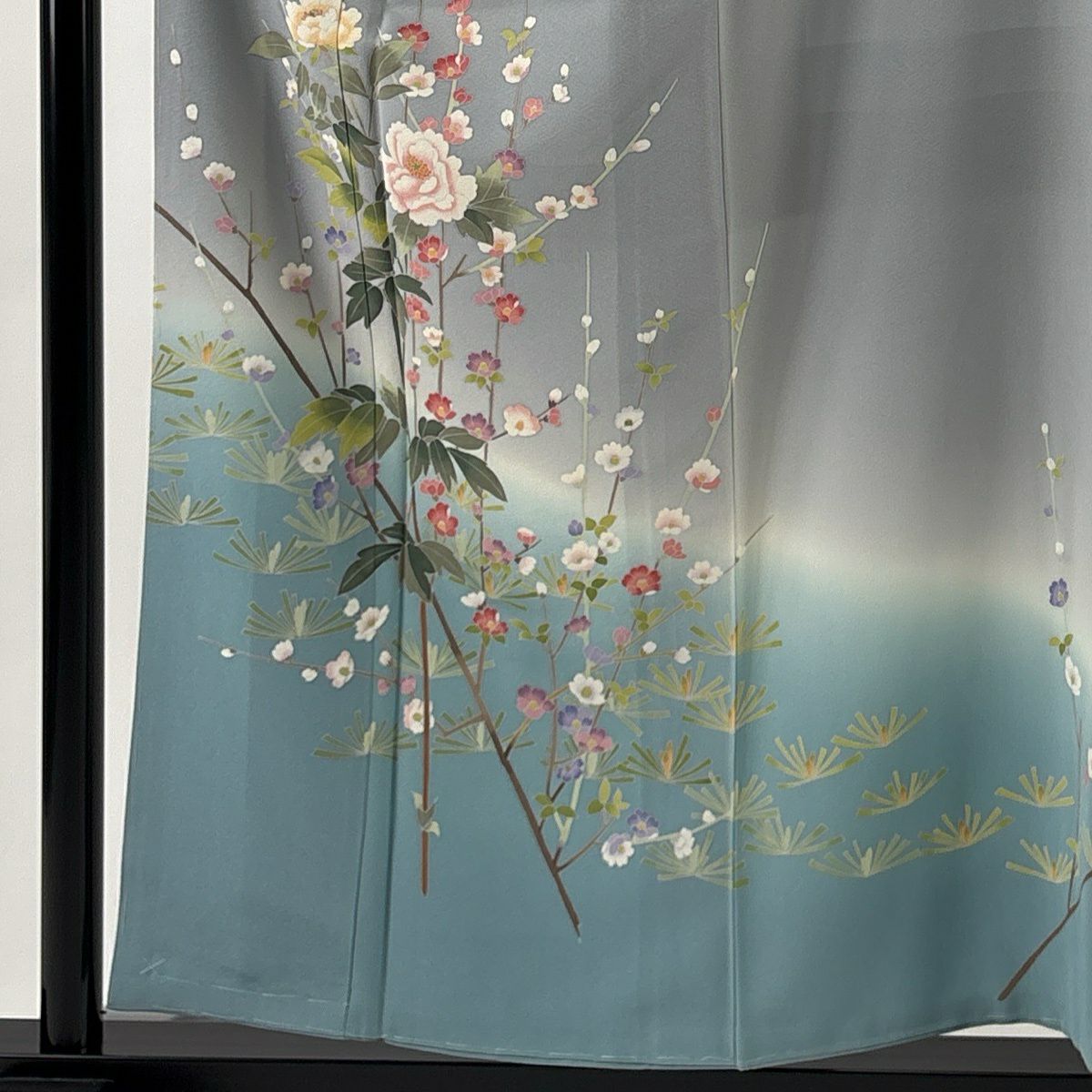 訪問服 身長158cm 袖長63.5cm S 雙層 落款有 枝花 若松樹 染分 ぼかし 灰色 純蠶絲 優品級