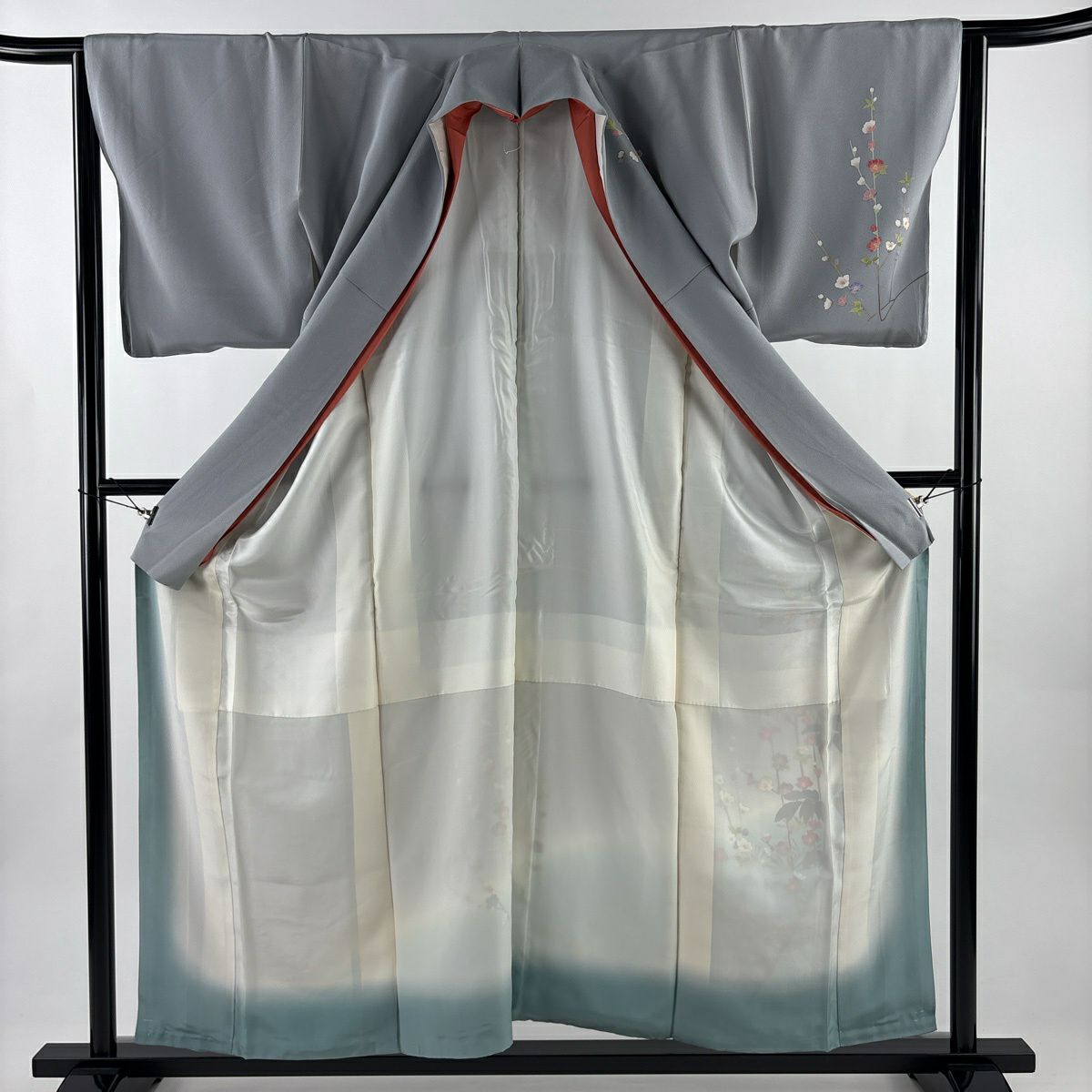 訪問服 身長158cm 袖長63.5cm S 雙層 落款有 枝花 若松樹 染分 ぼかし 灰色 純蠶絲 優品級