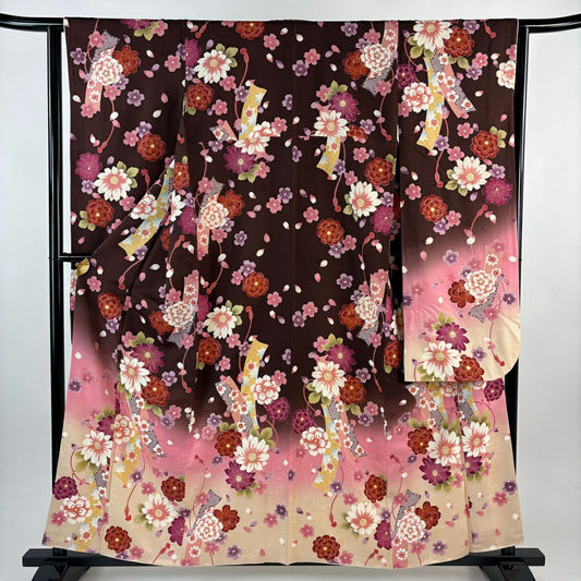 【美品】振袖禮服 身長158.5cm 袖長63.5cm S 雙層 短冊 草花紋紋 金銀彩 茶紫 純蠶絲 秀品級
