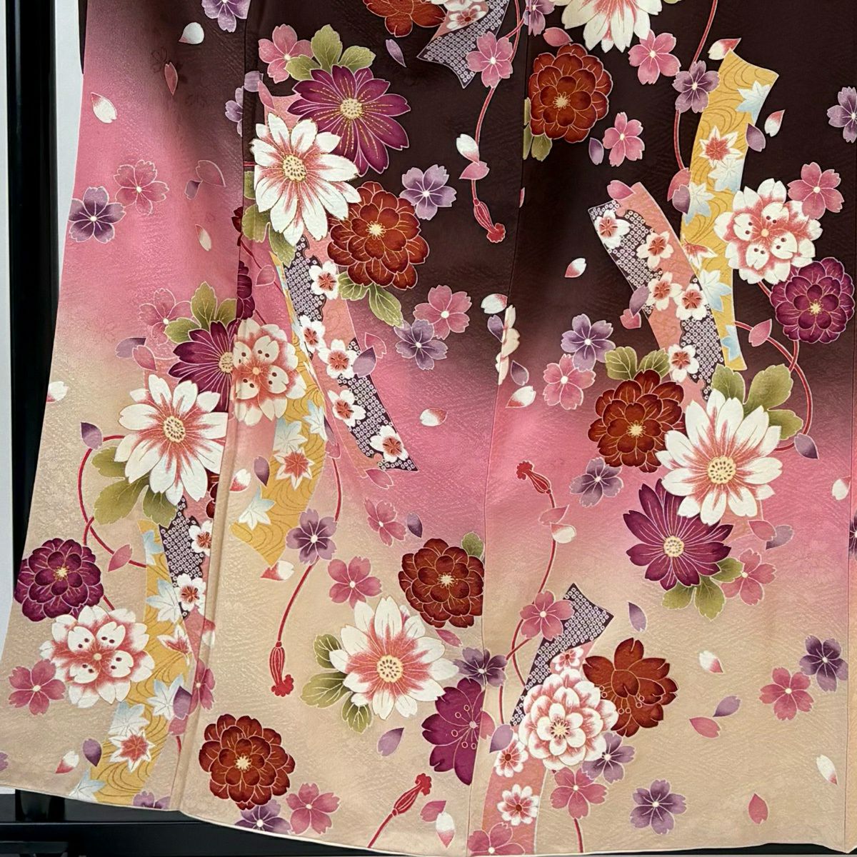 【美品】振袖禮服 身長158.5cm 袖長63.5cm S 雙層 短冊 草花紋紋 金銀彩 茶紫 純蠶絲 秀品級