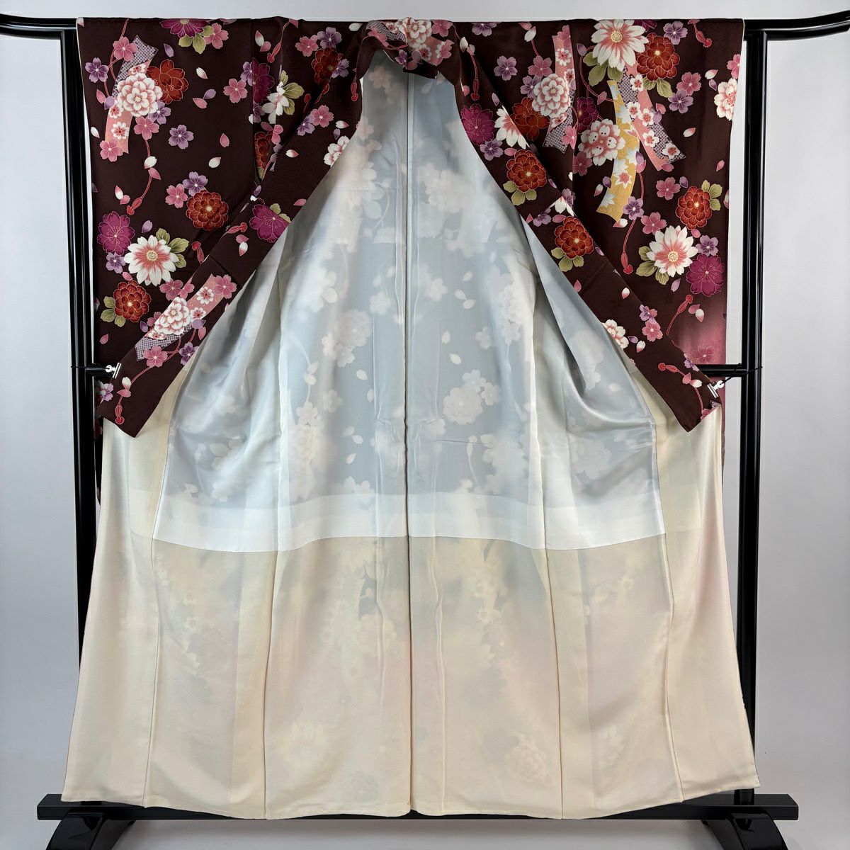 【美品】振袖禮服 身長158.5cm 袖長63.5cm S 雙層 短冊 草花紋紋 金銀彩 茶紫 純蠶絲 秀品級