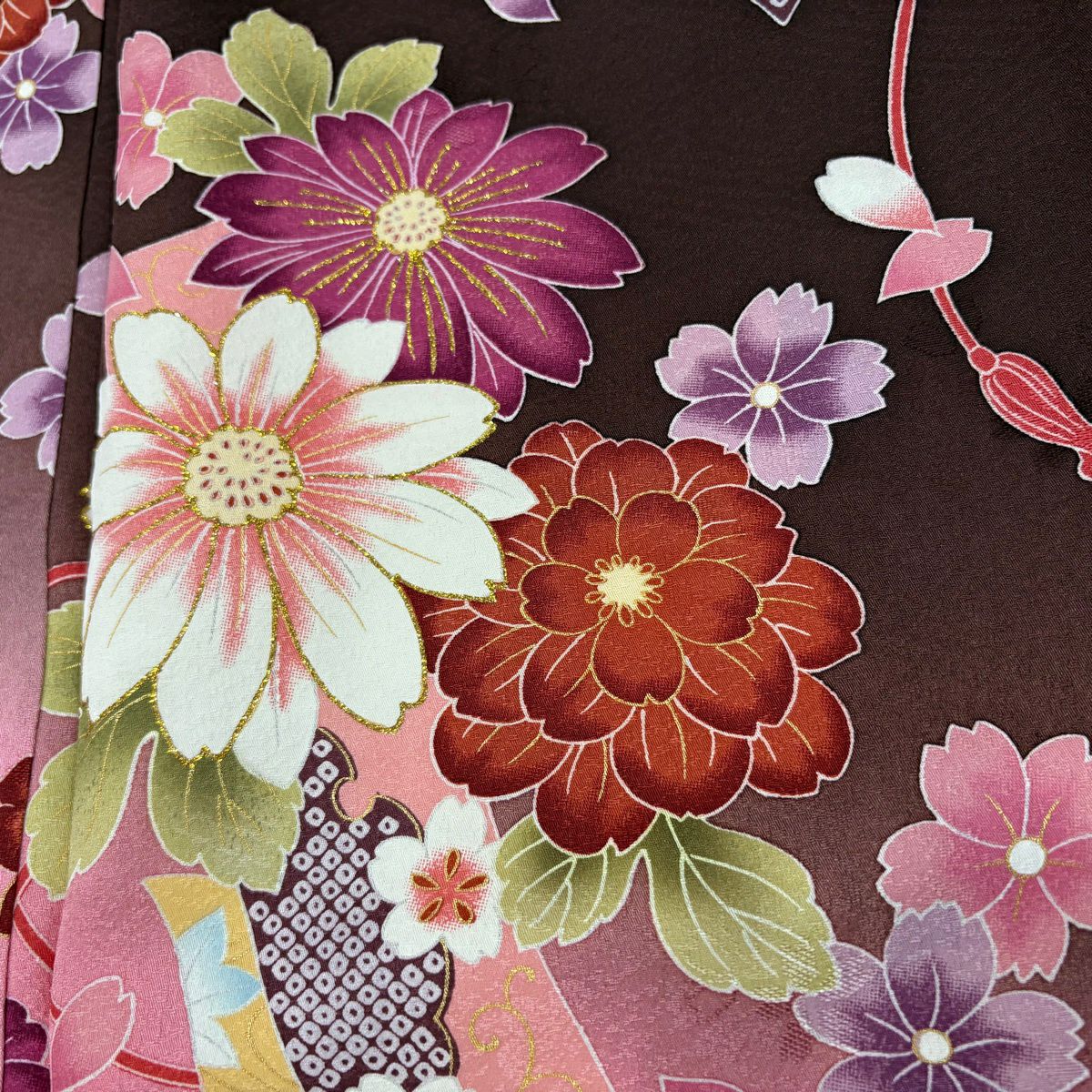 【美品】振袖禮服 身長158.5cm 袖長63.5cm S 雙層 短冊 草花紋紋 金銀彩 茶紫 純蠶絲 秀品級