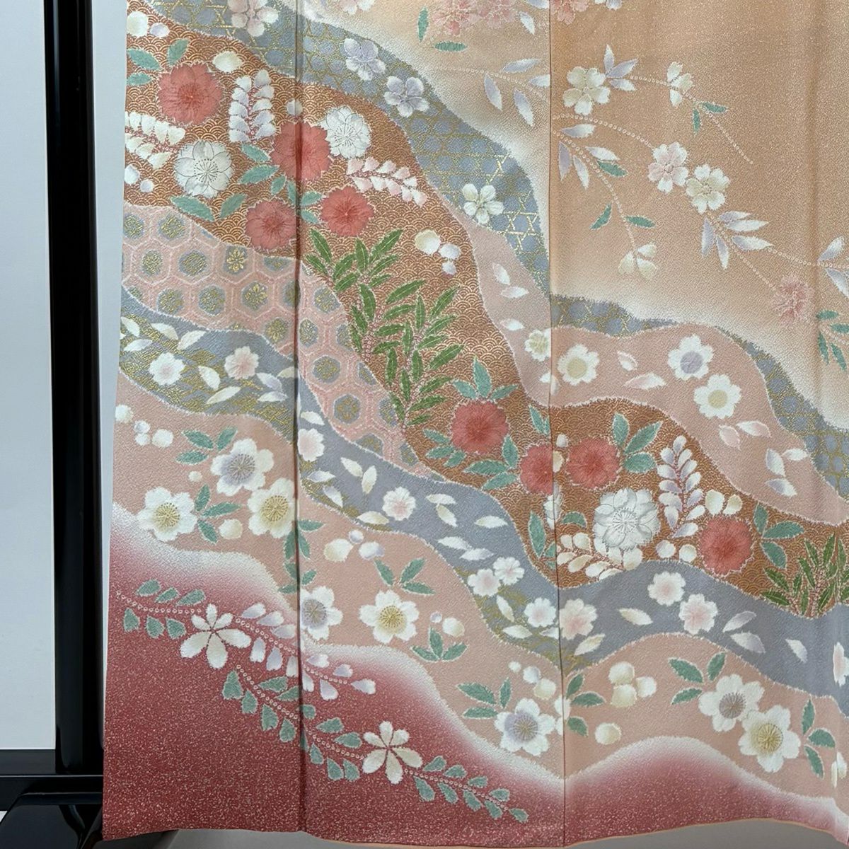 訪問服 身長163cm 袖長64cm M 雙層櫻 龜甲 金銀彩 漸層 粉米色 純蠶絲 優品級