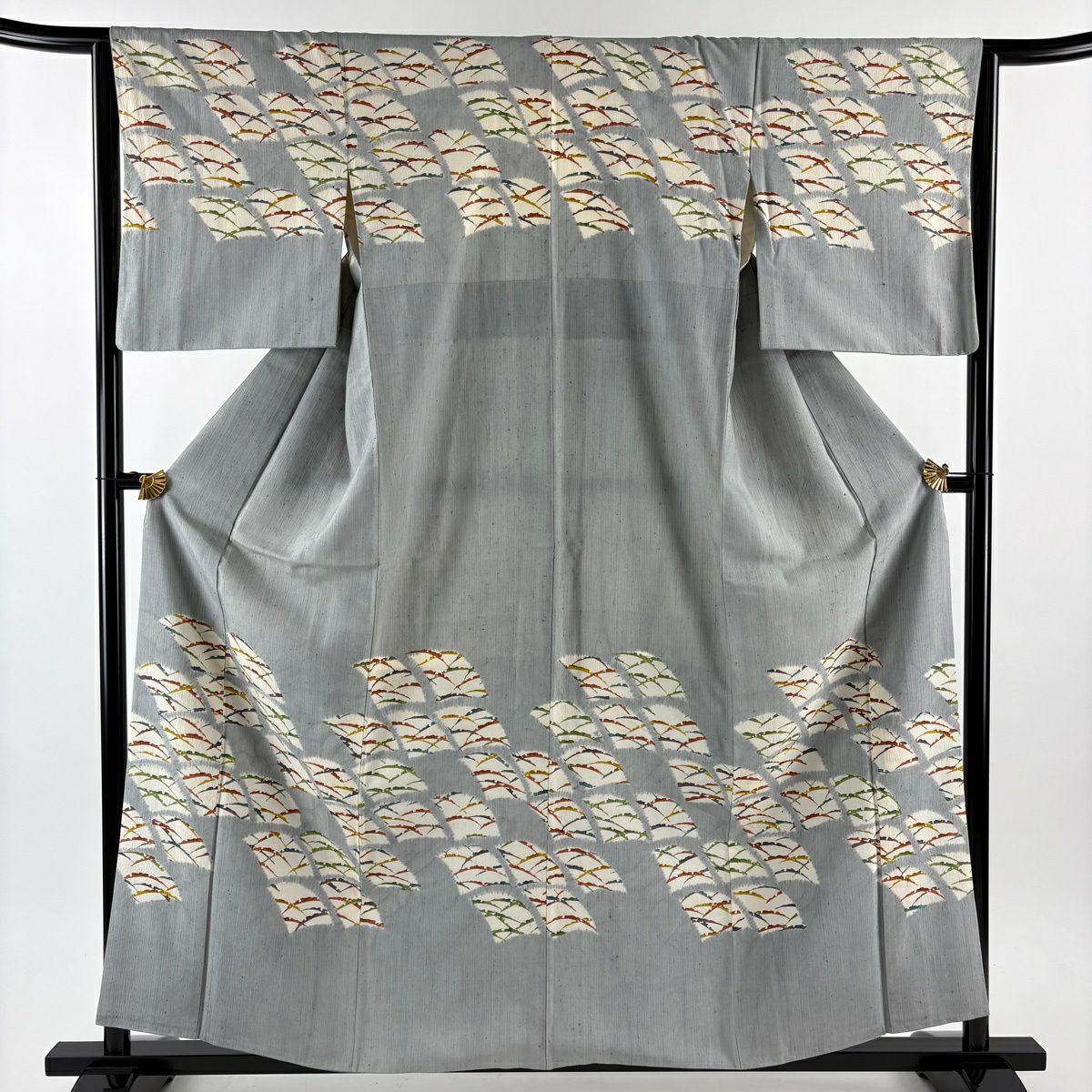 【美品】訪問服 身長159.5cm 袖長64cm M 雙層 紬織織 扇子 雪芝 青灰色 純蠶絲 秀品級