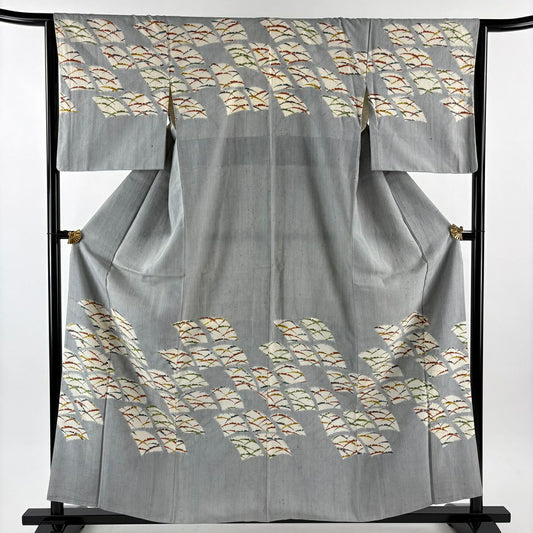 【美品】訪問服 身長159.5cm 袖長64cm M 雙層 紬織織 扇子 雪芝 青灰色 純蠶絲 秀品級