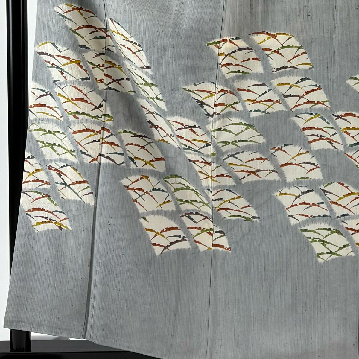 【美品】訪問服 身長159.5cm 袖長64cm M 雙層 紬織織 扇子 雪芝 青灰色 純蠶絲 秀品級