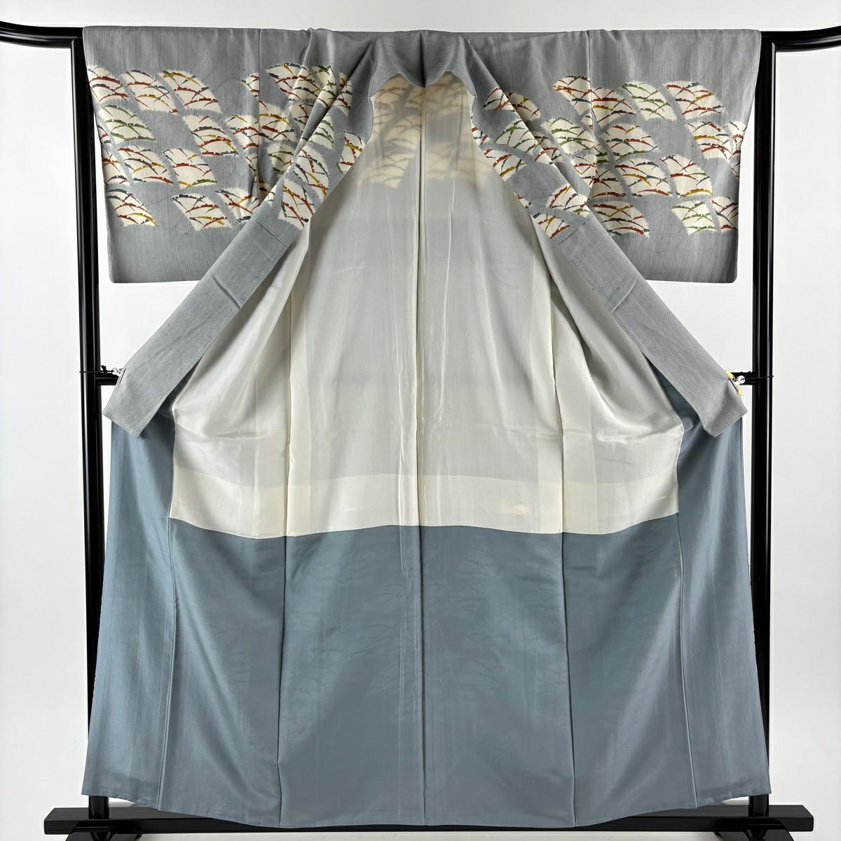 【美品】訪問服 身長159.5cm 袖長64cm M 雙層 紬織織 扇子 雪芝 青灰色 純蠶絲 秀品級