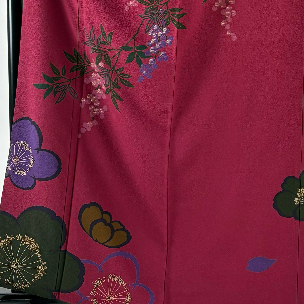 振袖禮服 身長162cm 袖長66.5cm M 雙層 葉與果實 櫻花 金銀彩 紅紫 純蠶絲 秀品級
