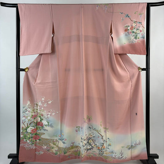 【美品】訪問服 身長163cm 袖長64cm M 雙層 落款あり 牡丹 観世水 金銀彩 漸層 粉紅 純蠶絲 秀品級 一つ紋