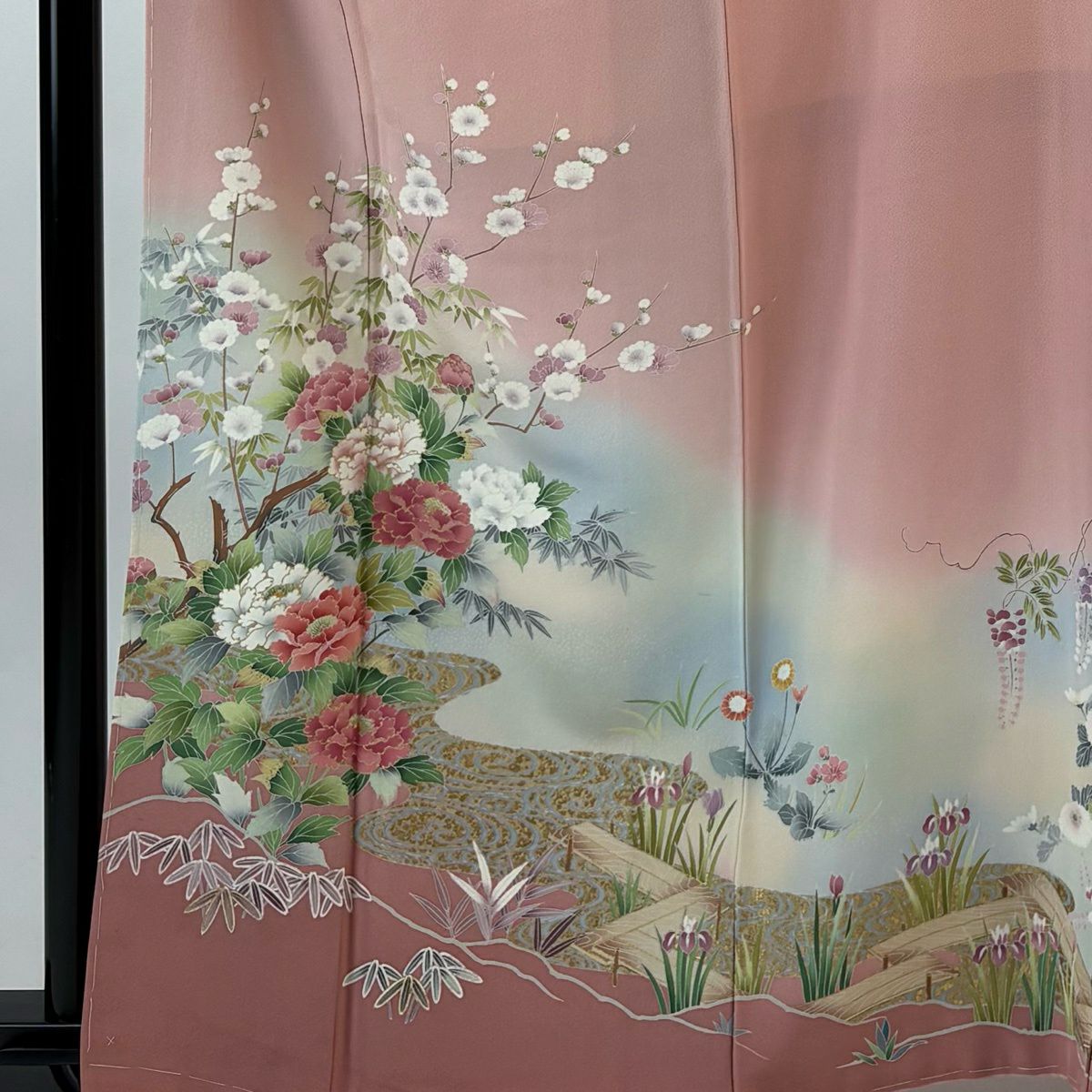 【美品】訪問服 身長163cm 袖長64cm M 雙層 落款あり 牡丹 観世水 金銀彩 漸層 粉紅 純蠶絲 秀品級 一つ紋